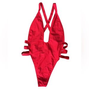 Matte Collection Red One Piece Swimsuit Cutout Strappy Back Size Large